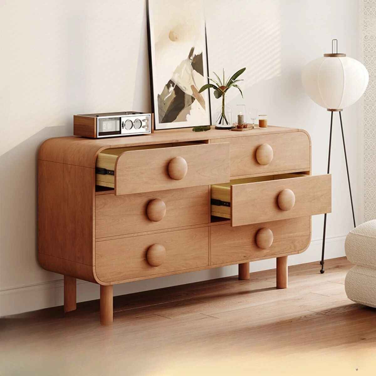 Elegant Wall-Mounted Solid Wood Sideboard with 6 Drawers open drawers