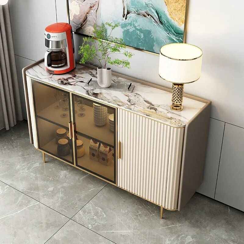 Luxury Modern Minimalist Sideboard with Transparent Doors and High-Temperature Resistant Countertop upper left view