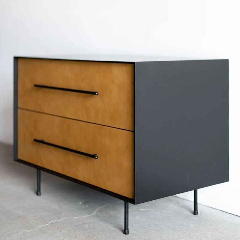 Modern Moroccan Leather Bedside Table - Minimalist Elegance in Saddle Leather side view