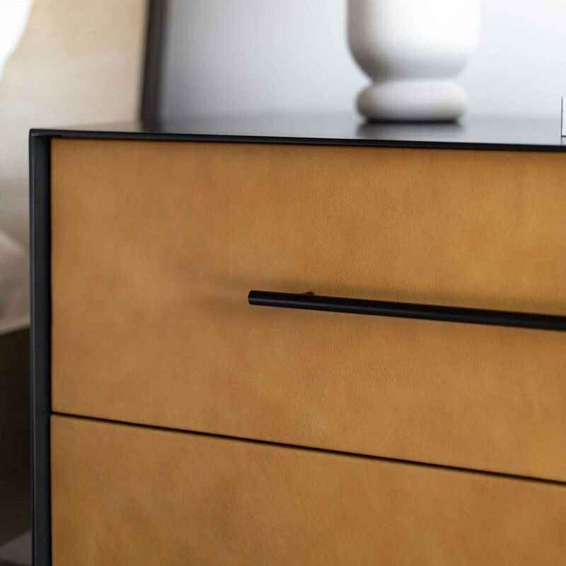 Modern Moroccan Leather Bedside Table - Minimalist Elegance in Saddle Leather close up