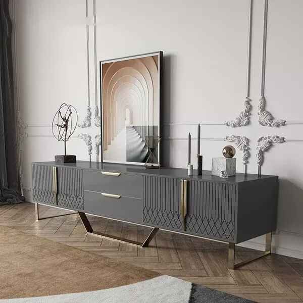 Luxury Nordic-Inspired TV Table Cabinet with Gold Accents side view