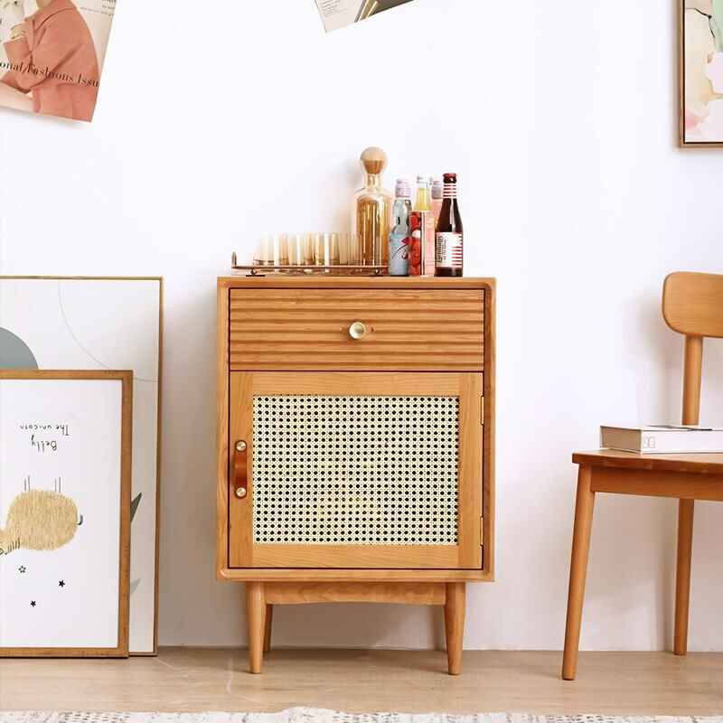 Elegant Solid Wood Nightstand with Rattan Storage - Modern Moroccan Design stylish