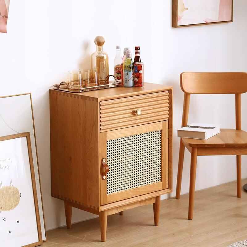 Elegant Solid Wood Nightstand with Rattan Storage - Modern Moroccan Design close up