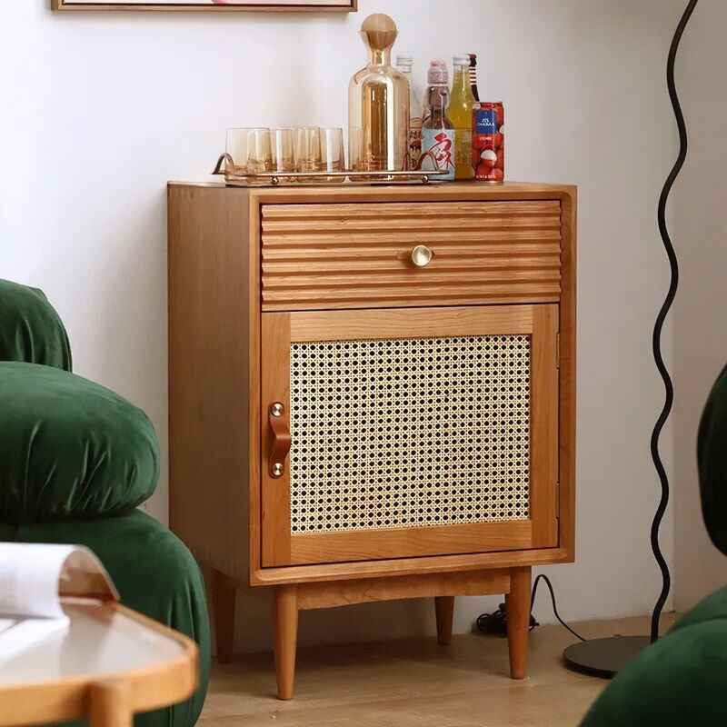 Elegant Solid Wood Nightstand with Rattan Storage - Modern Moroccan Design classy