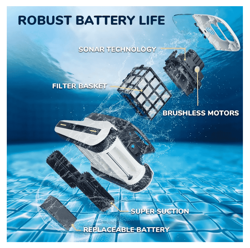 Intelligent Robotic Pool Vacuum Cordless, Long-lasting, with Sonar Path Planning